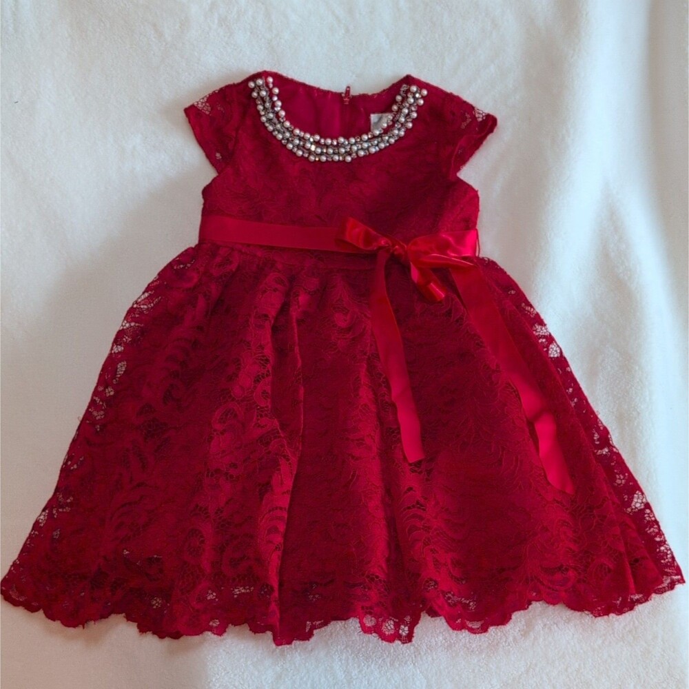 Rare Editions Girls Red Lace Dress 3T Coquette Ribbon Bow Pearl Holiday Princess